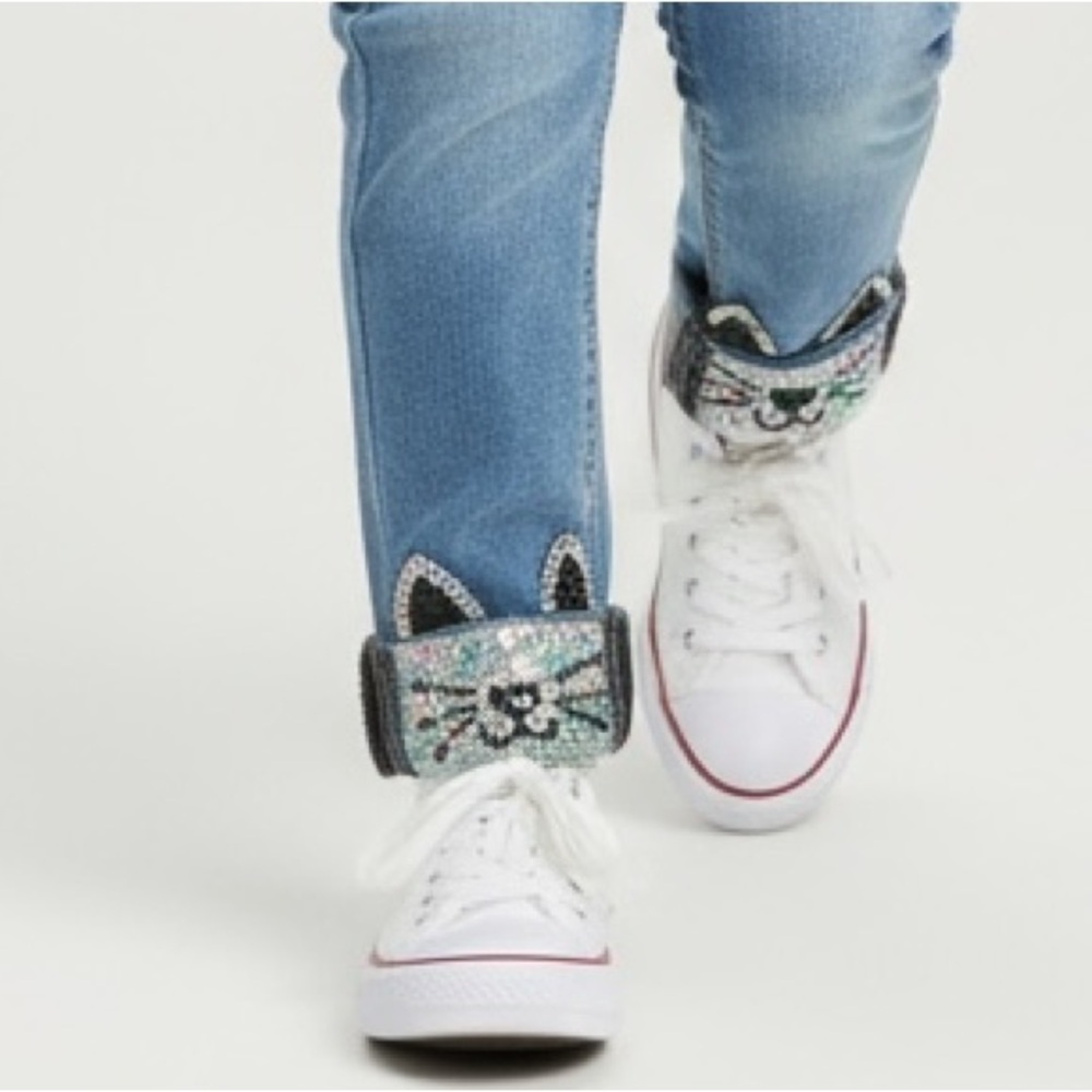 V  GOLD little girls jeans size 4 adjustable inside strap heart buttons cat